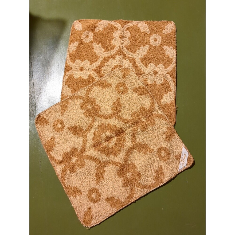 Two (2) Vintage Cannon Washcloths 70s Mod Cotton Gold Brown Medallion